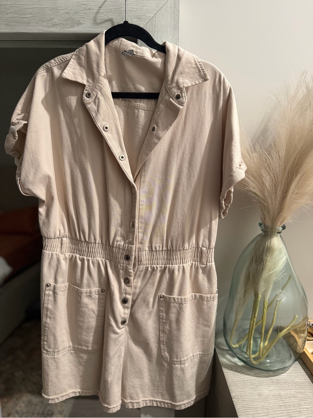 Light Beige Button-Front Short Sleeve Romper